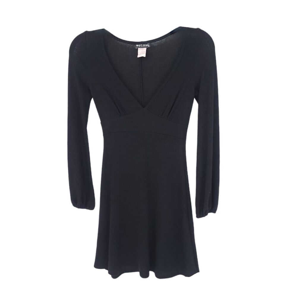 Wet Seal Dress Womens Small Mini Short Y2K Long Sleeve Deep V Neck Vintage Flare